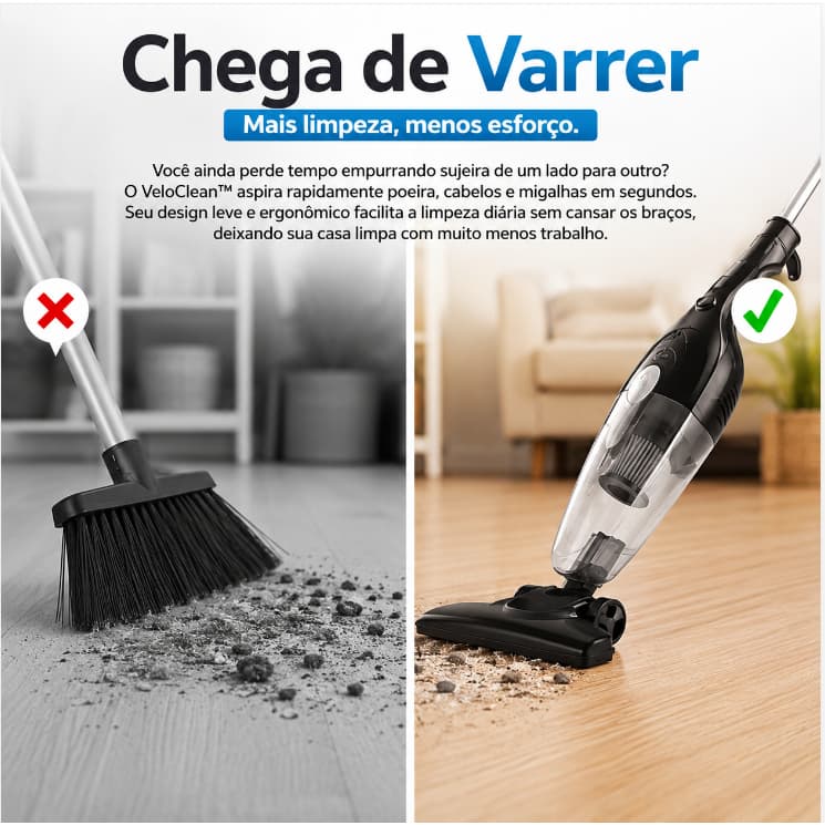 Aspirador de Pó Vertical Portátil 2 em 1 Com Fio 127V Alta Potência VeloClean™ Limpa Sofá Carro Tapete Piso Móveis Compa