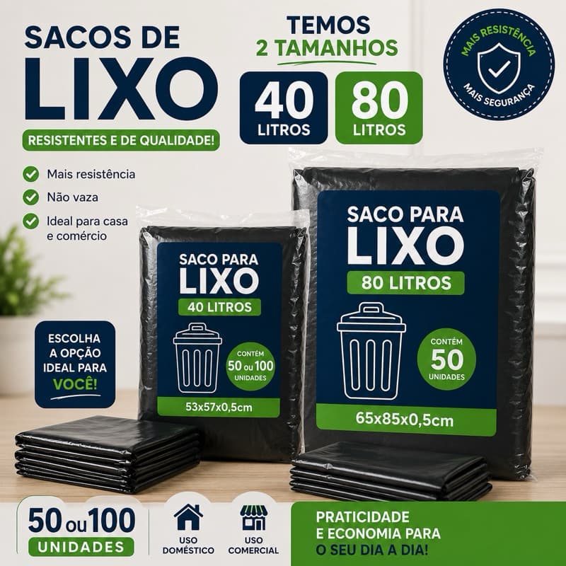 Saco de Lixo Reforçado Preto 40L ou 80L | Pacotes com 50 ou 100 Unidades | Alta Resistência
