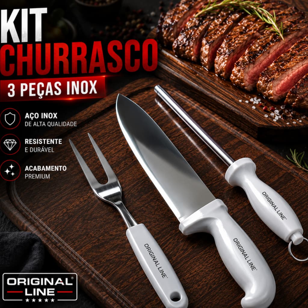 Kit Churrasco 3 Peças Em Aço Inox Com Faca Garfo E Chaira Original Line Para Corte Profissional