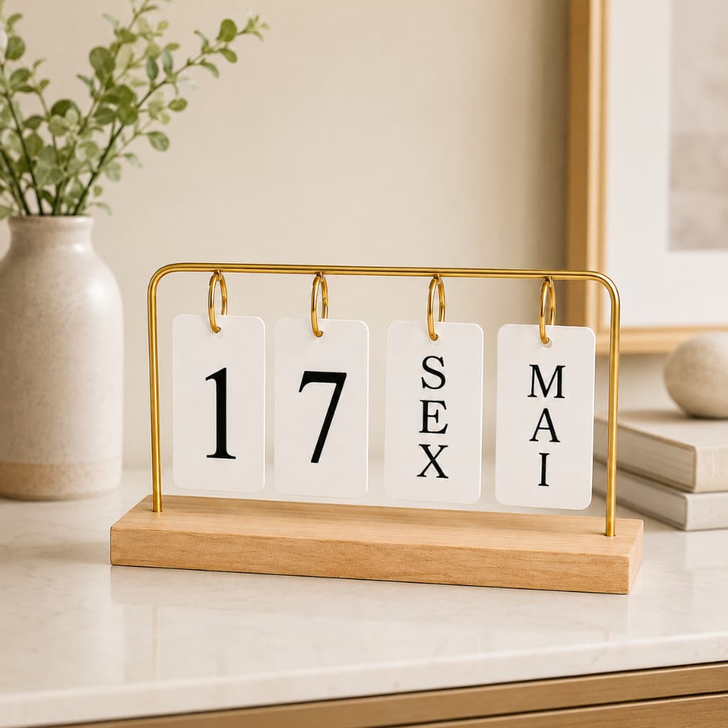 Calendário de Mesa Permanente com Plaquinhas Decorativo Luxo em Madeira  Dourado Preto para Escritório Casa