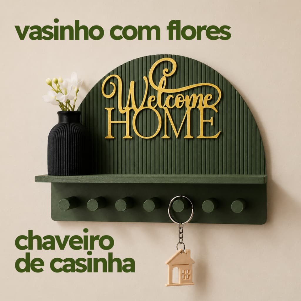 Porta Chaves Decorativo de Parede | Suporte para 7 Chaveiros com Vaso Decorativo e Chaveiro Casinha