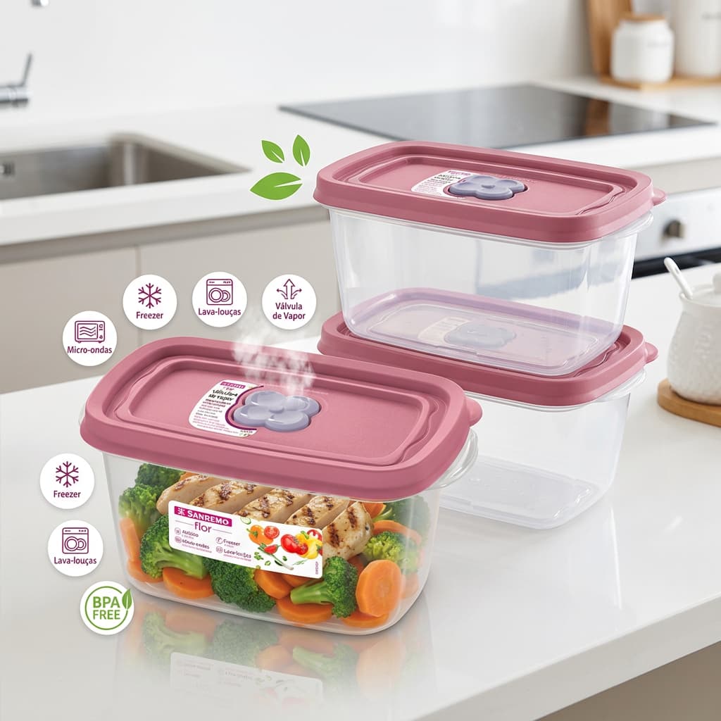 Kit 3 Potes Sanremo 700ml Hermético Retangular – C/ Válvula p/ Micro-ondas e Freezer – BPA Free