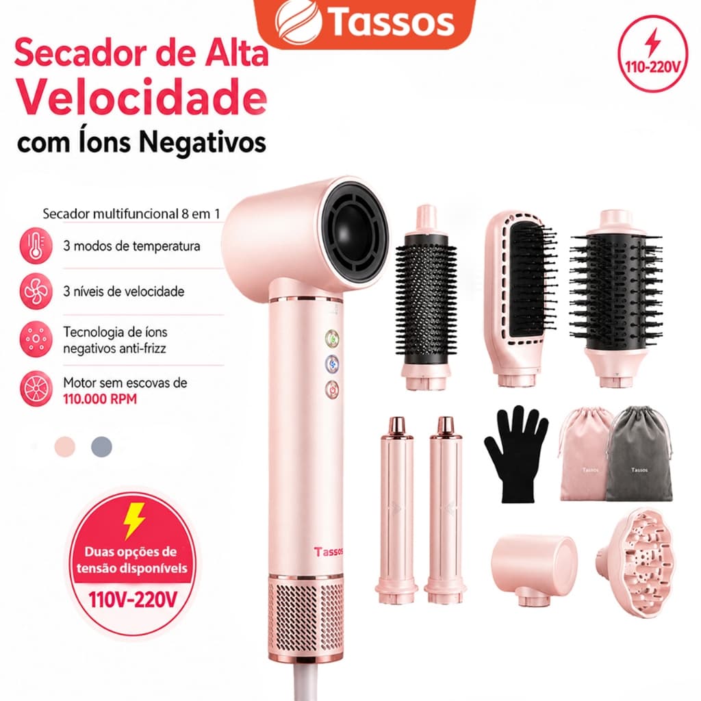 TASSOS Secador 8 em 1 Multifuncional - 1300W com 8 Acessórios e Luva de Proteção Térmica Rosa