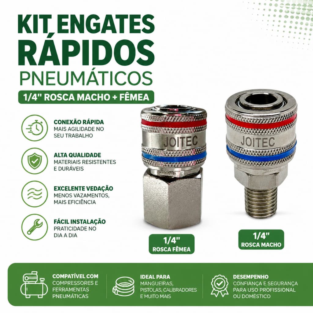 Kit Engates Rápidos Pneumáticos 1/4 Rosca Macho + Fêmea
