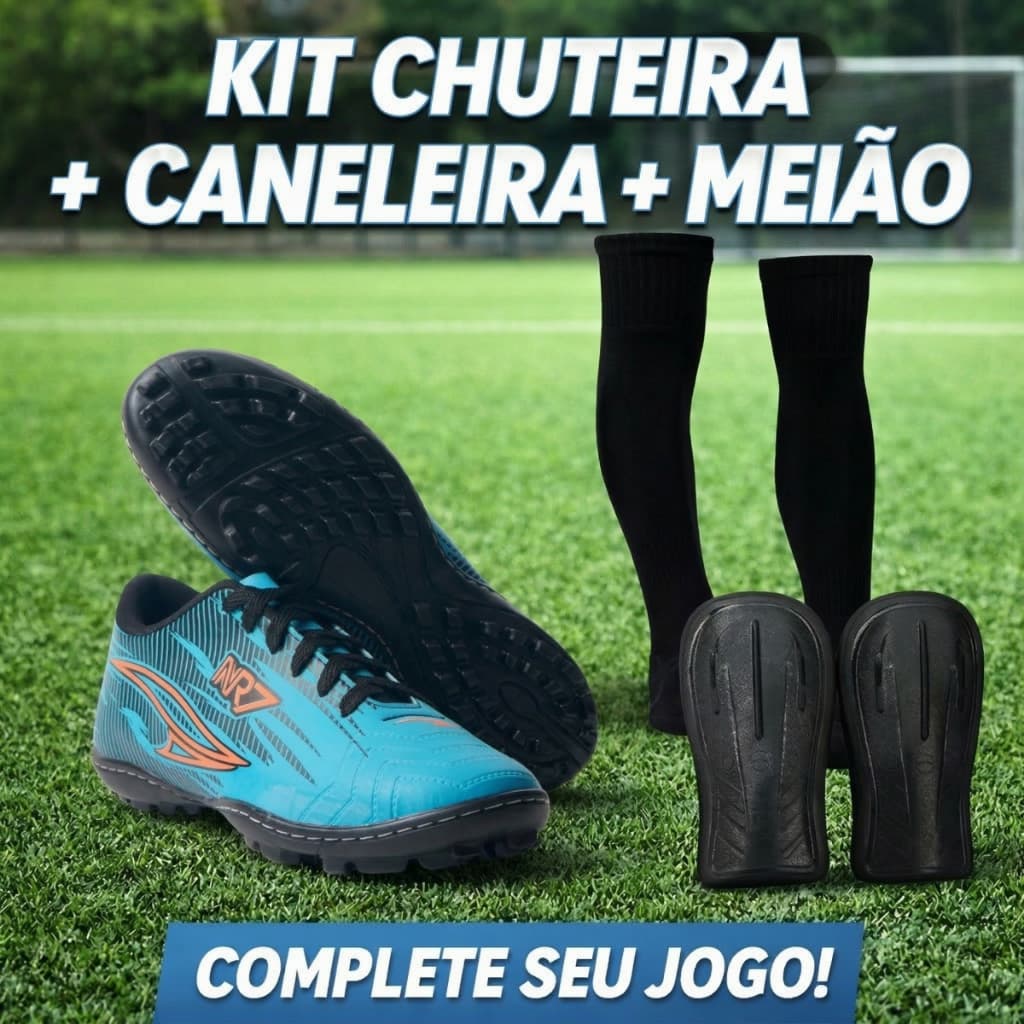 Kit Chuteira Society + Meião + Caneleira Profissional com Travas Baixas Para Controle