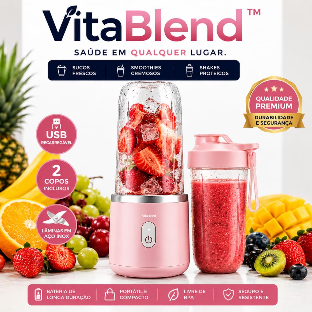 Liquidificador Portátil USB Recarregável Shake Suco Detox Vitamina Com Copo Extra - Rosa