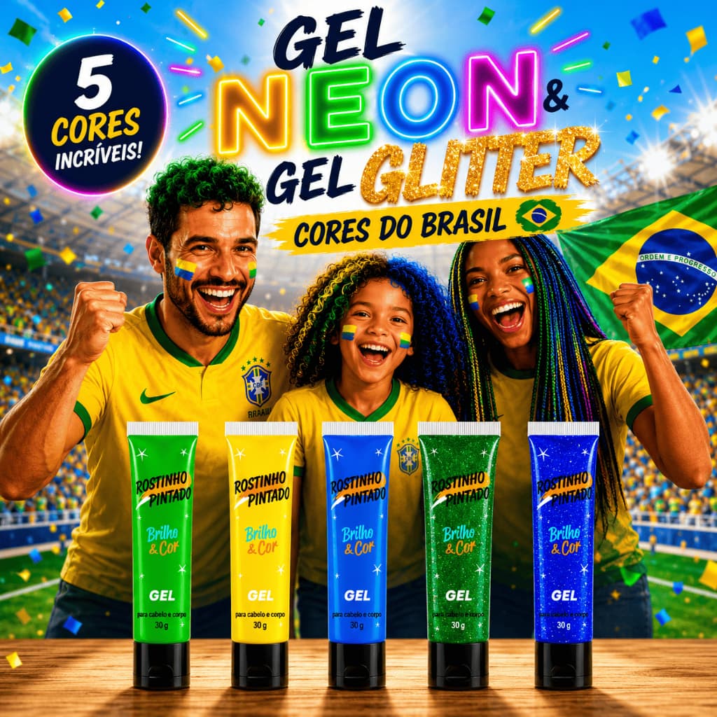 Gel Neon e Gel Glitter para Cabelo e Corpo - Brasil Copa do Mundo Azul Verde Amarelo Sai na Lavagem