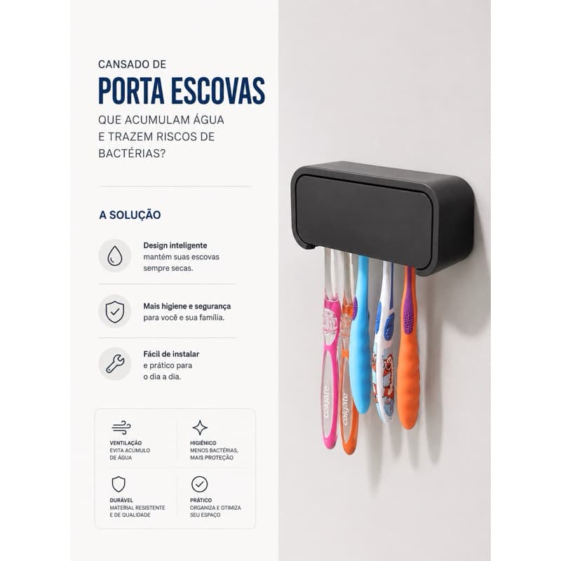 Porta Escovas de Dente (capacidade: 5 escovas) - Sem furos – Organização, Higiene e Praticidade.