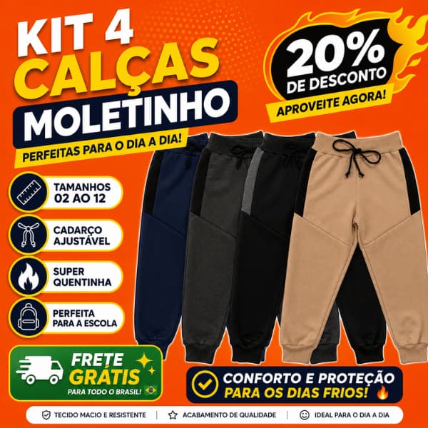 Kit 4 Calça de Moletinho Menino Infantil com Cadarço Quentinha Confortável Estilosa