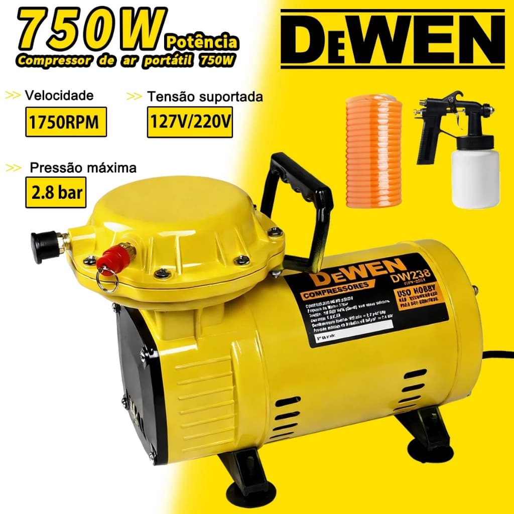 Compressor de Ar Portátil Ar Direto Profissional 750W 1/3CV 110V/220V Bivolt 2.8Bar com Acessórios