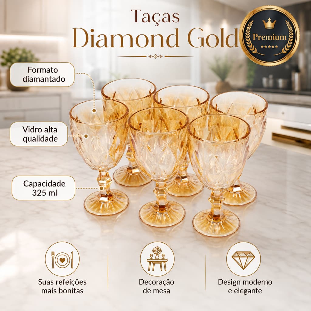 Kit 6/ 12 Copos Taças Diamond Vidro Gold 325 ml Bebidas Elegância Resistente Durável Sofisticado