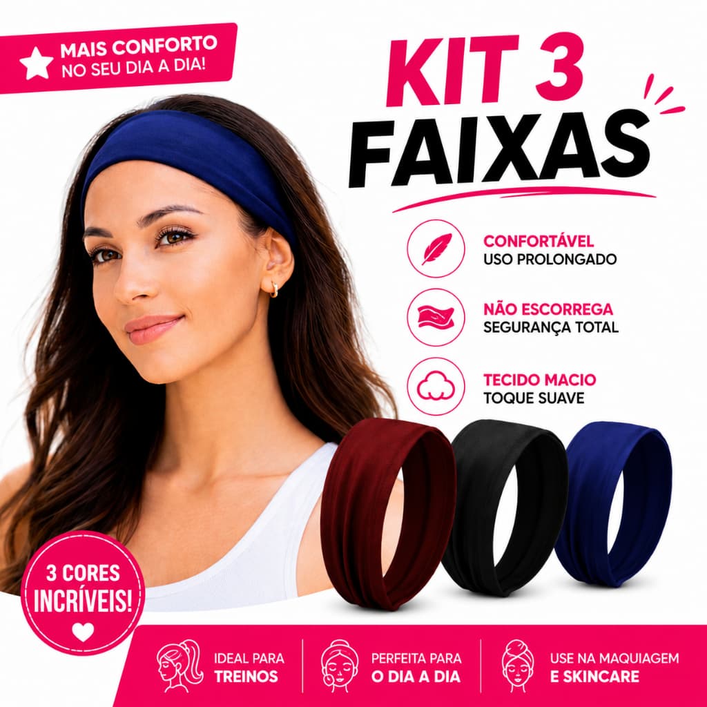 Kit 3 Headband Faixa de Cabelo Bandana Feminino Versátil Confortável