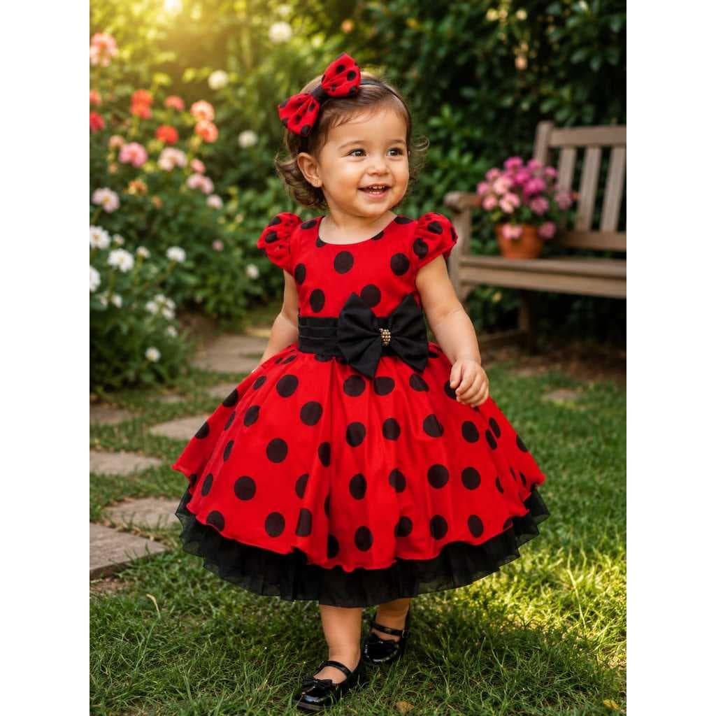 Vestido Infantil Temático Joaninha POA Vermelho com Bolinhas Preta e Laço