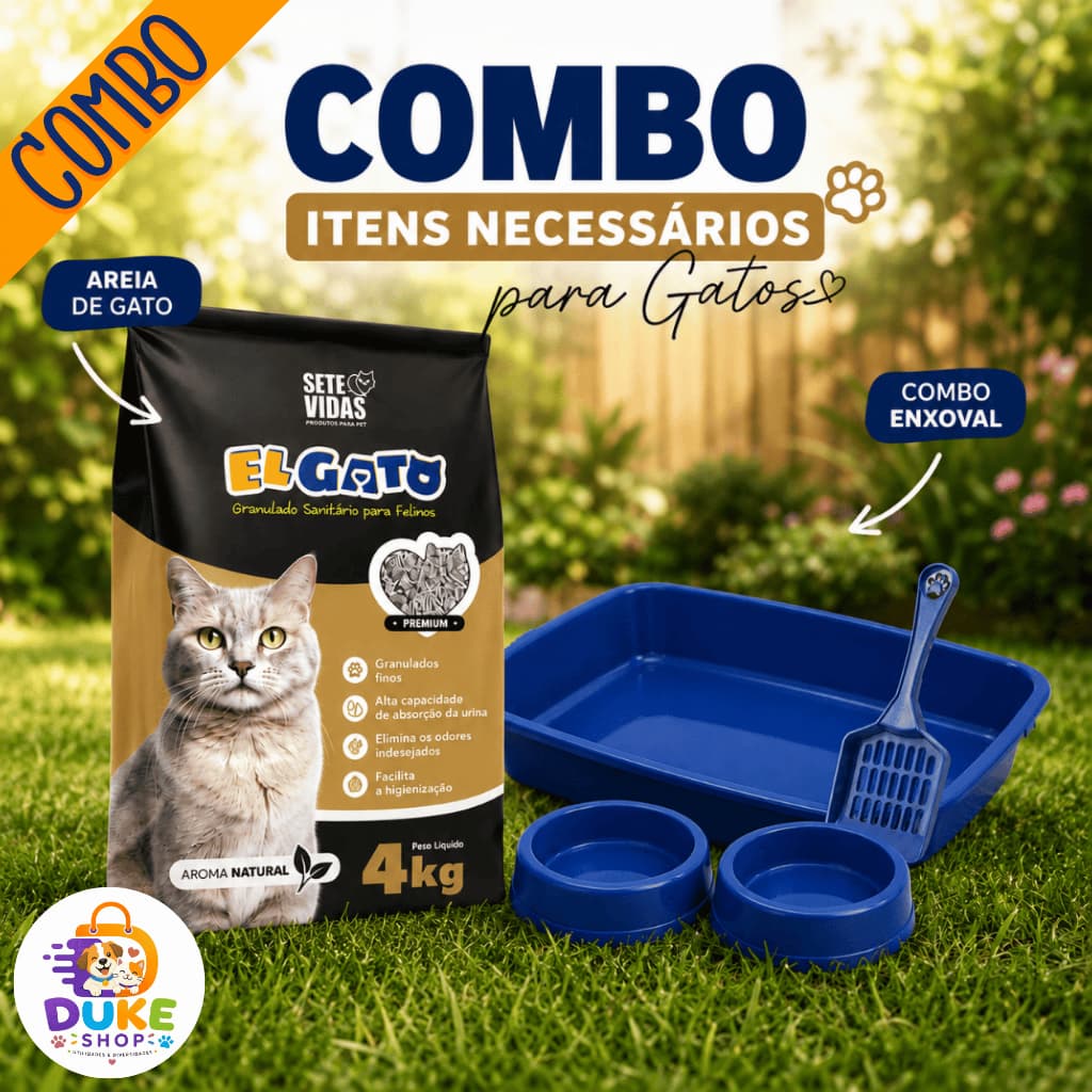 Combo Higiene para Gatos Areia El Gato 4kg + Bandeja + Pá + Comedouro