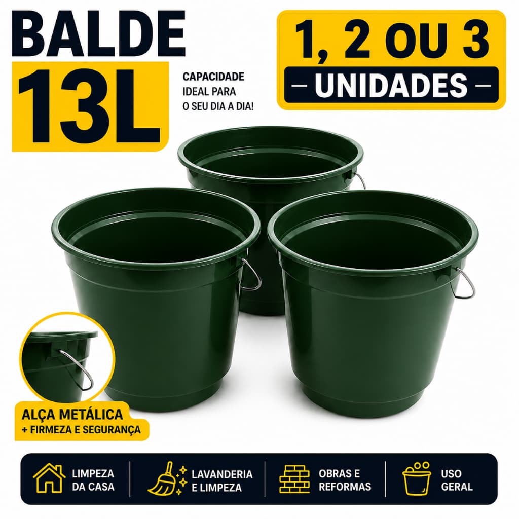 Balde Plástico 13 Litros Colorido Reforçado Kit 1 2 3 Unidades Multiuso