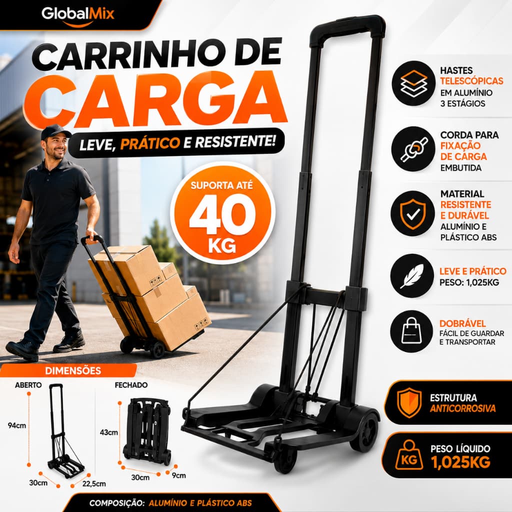 Carrinho Dobrável Transporte Carga 2 Rodas Plataforma Resistente Compacto Prático 40Kg Compras