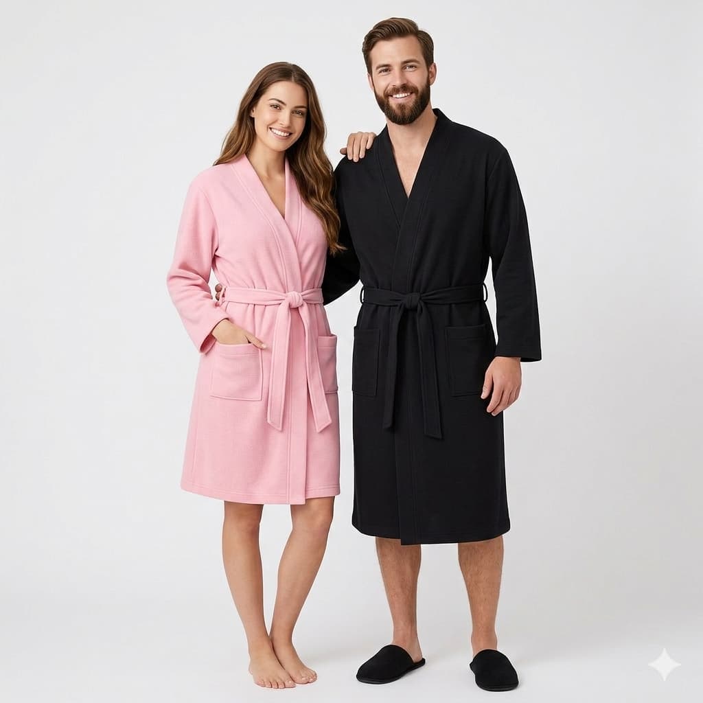Kit 2 Roupão De Banho Atoalhado Feminino Masculino Padrão Com Bolsos Cores
