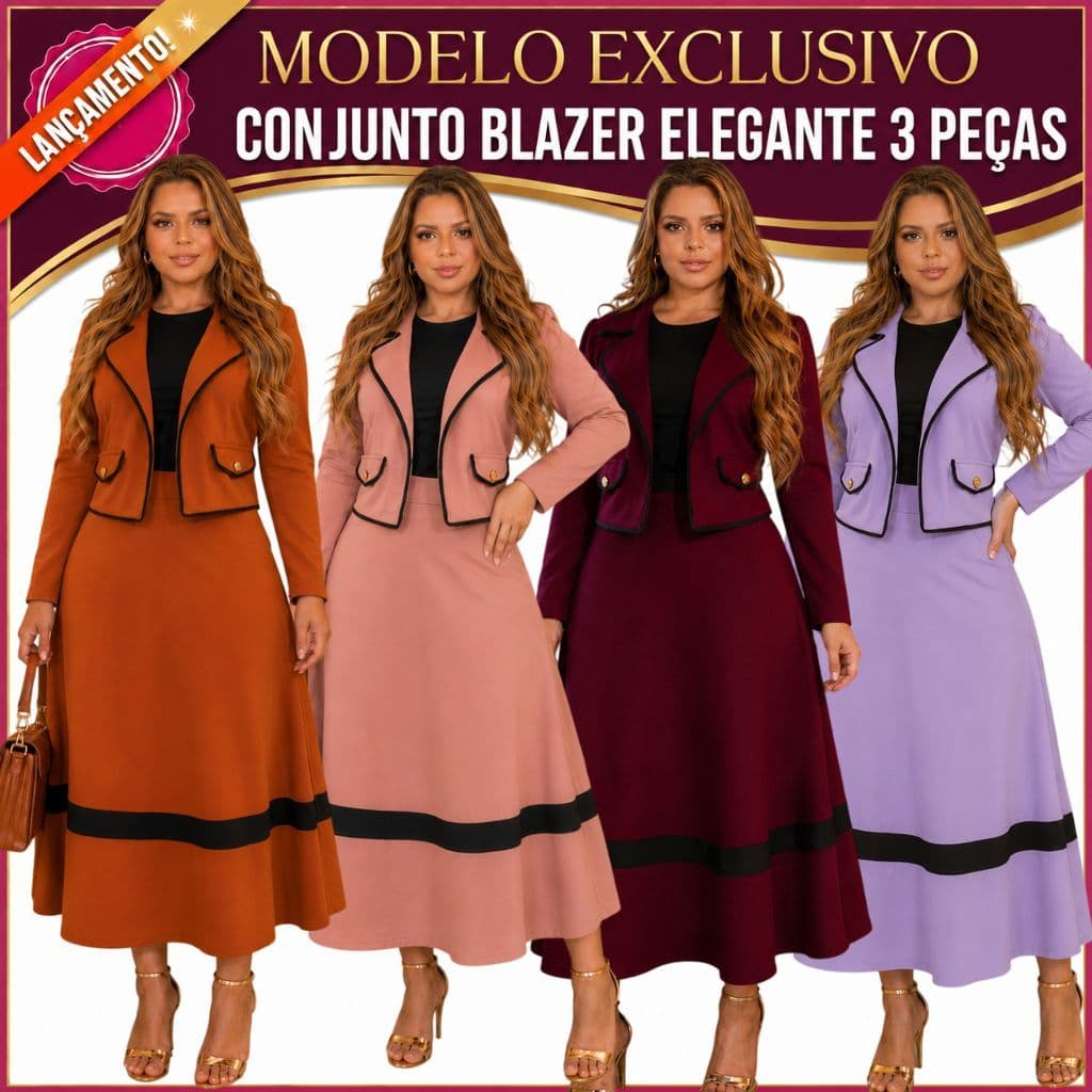 CONJUNTO FEMININO 3 PEÇAS: BLAZER MANGA LONGA, BLUSA INTERNA E SAIA LONGA CREPE DIOR MODA EVANGELICA
