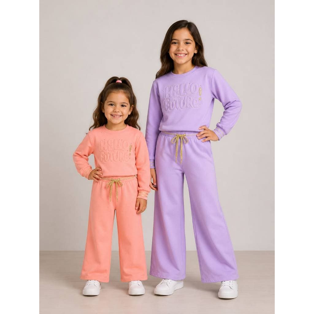 Conjunto Moletom Infantil Feminino Casaco e Calça Wide Leg