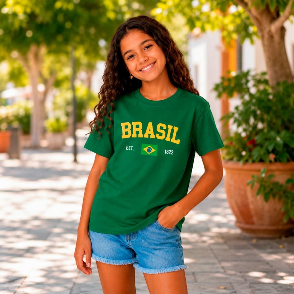 Camiseta Infantil Brasil Unissex 100% Algodão Copa Seleção Torcida Premium Estampada Cor Tam 6 ao 14