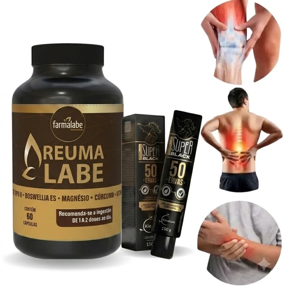 Kit Reumalabe - Articulações Sem Dor + Pomada Massageadora Colágeno tipo 2 Dores Musculares – 60 cápsulas