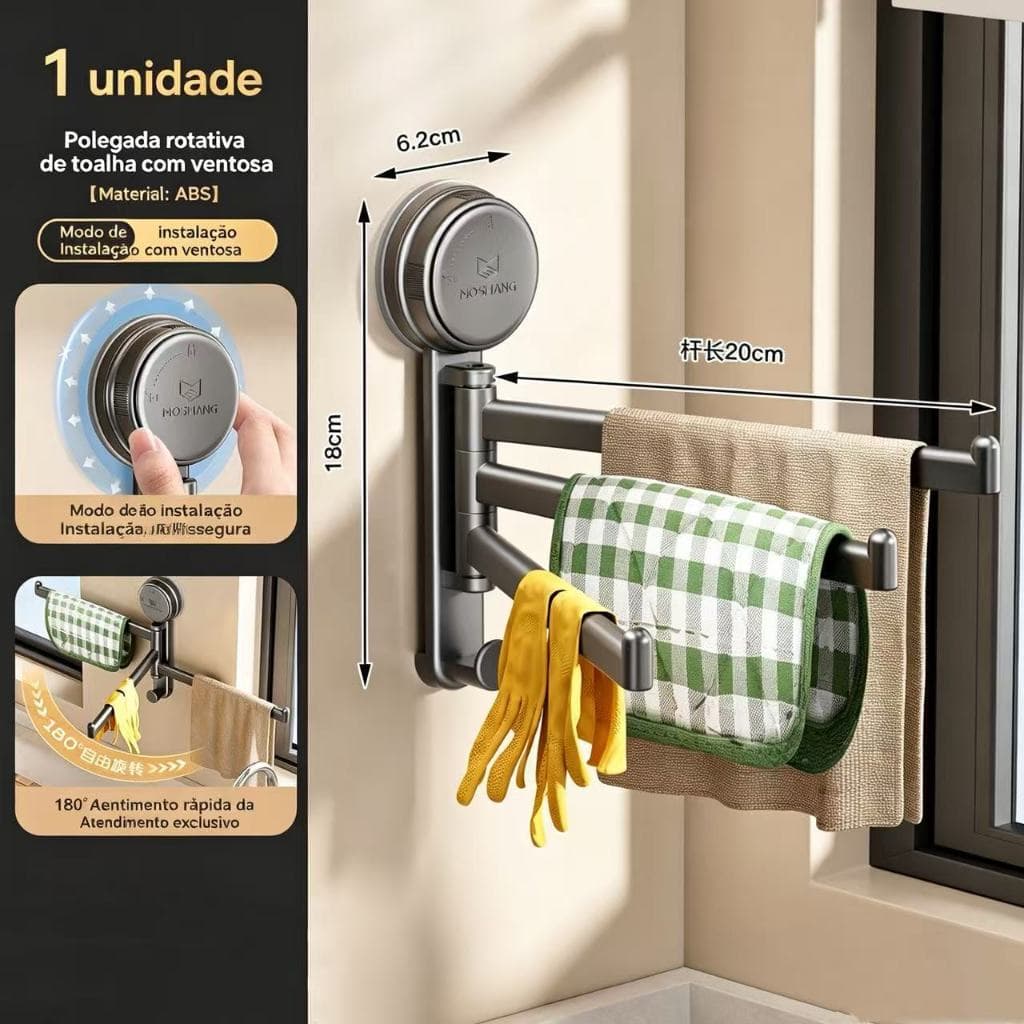 Suporte Giratório para Toalhas com Ventosa, 180°, Multiuso para Banheiro e Cozinha