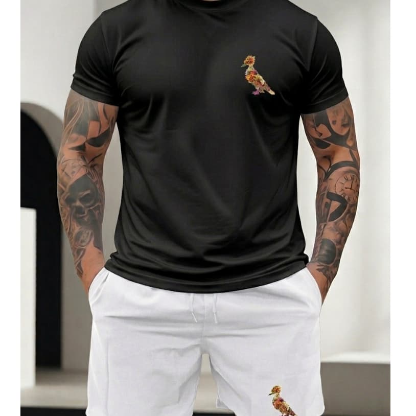 Kit Camiseta Masculina Short Praia Tectel Estampa Pássaro Minimalista Casual Elegante Tecido Confortável