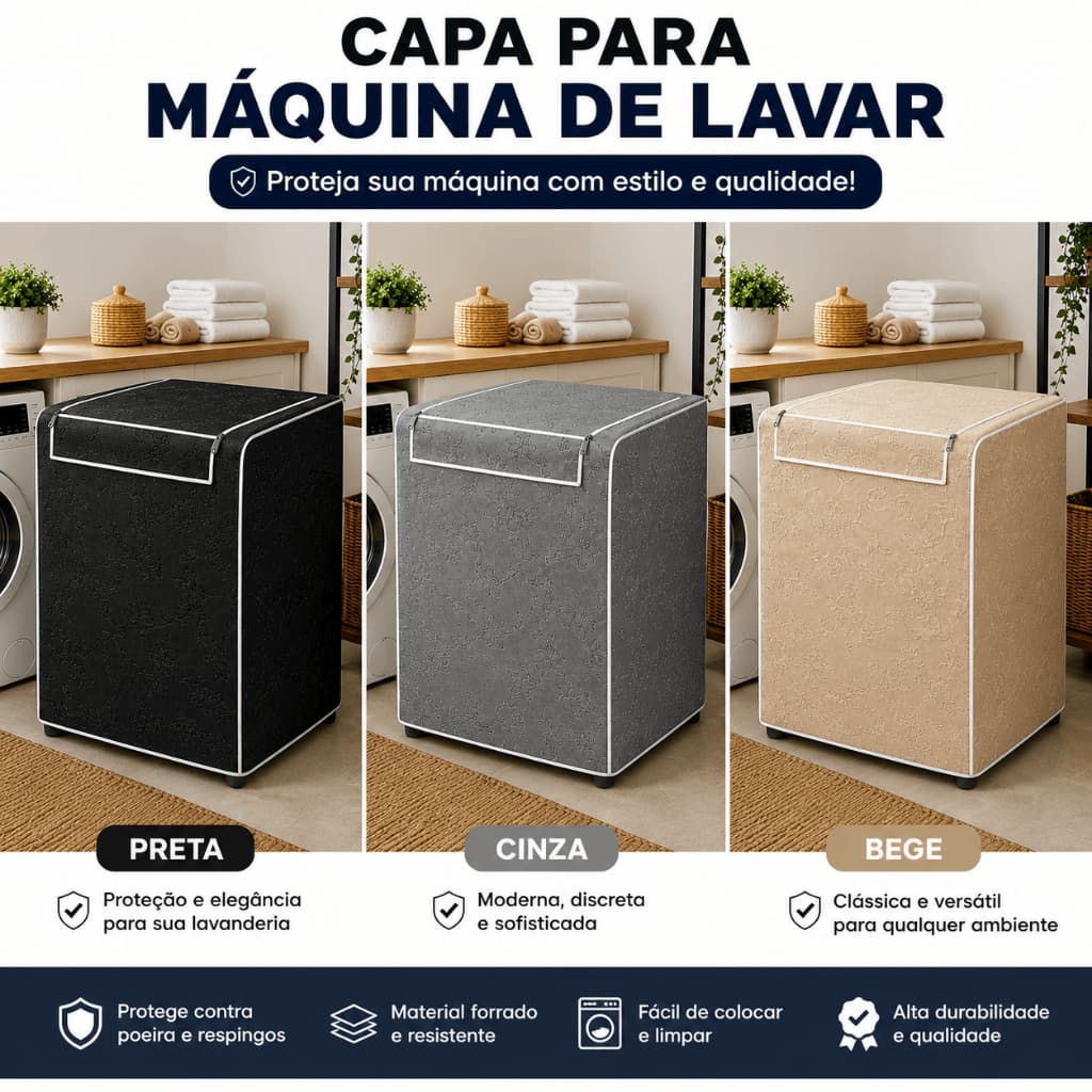 Capa Máquina de Lavar Roupas Protetora Forro Impermeável Resistente Preto Cinza Bege 10k13kilos