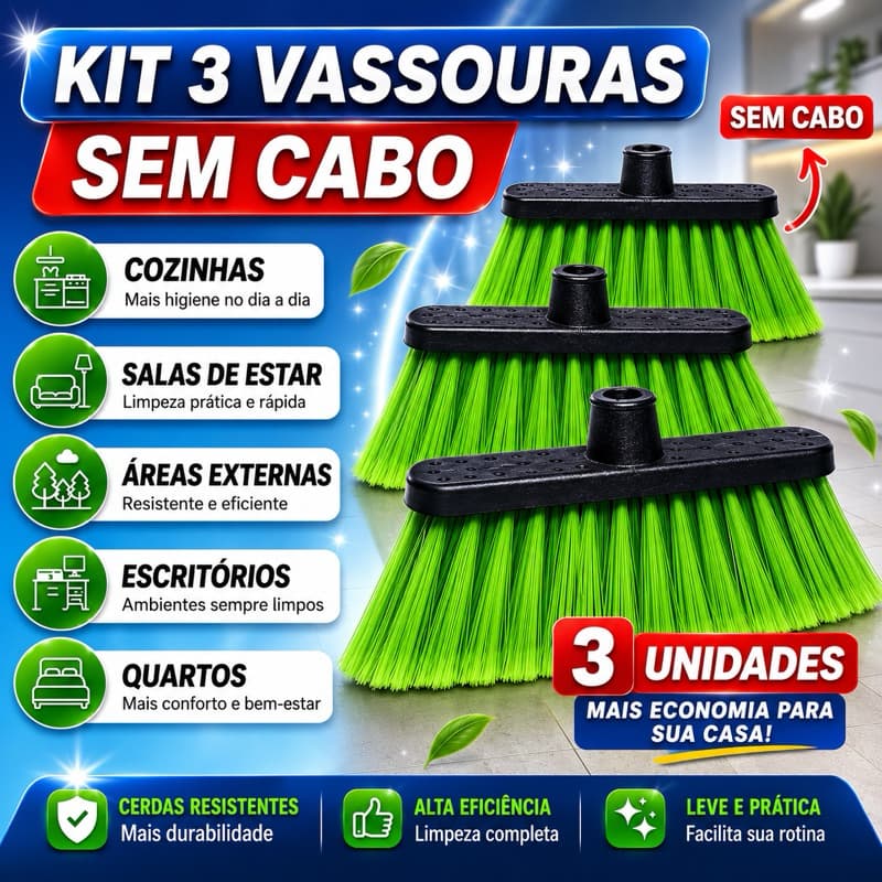 3 unidades Vassoura Íris Doméstica Cerdas Macias Alta Resistência SEM CABO