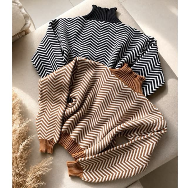 Suéter Cropped Feminino Tricô Modal Gola Alta Zig Zag Premium