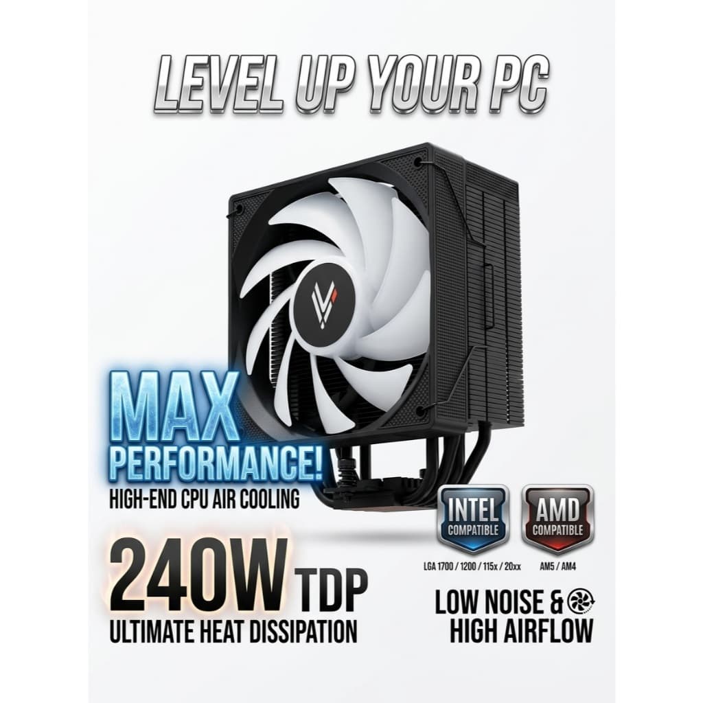 Cooler CPU Elite Dark 240W TDP ARGB Monstro Intel AMD Alta Performance Silencioso Air Cooler Premium