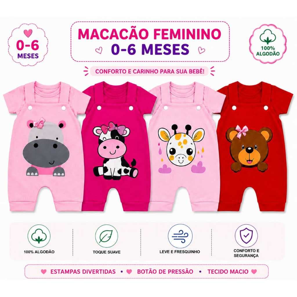 ELOHIM KIDS  Macacão Feminino Infantil com Estampas Divertidas 🐻🐰🦊