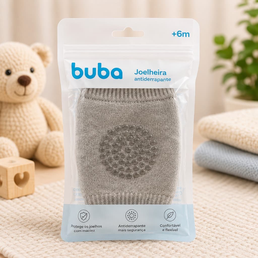 Joelheira Antiderrapante Buba Cinza Proteção Para Engatinhar