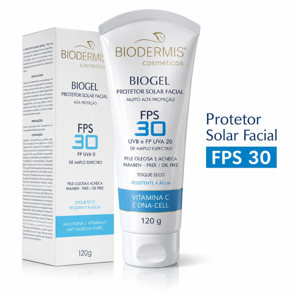 Protetor Solar Facial Biogel 30 Pele Oleosa Toque Seco 120g Biodermis Filtro Solar Resistente a água