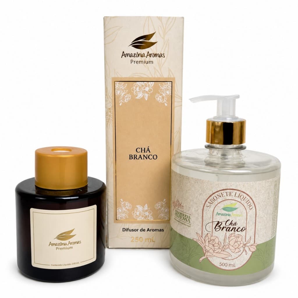Kit Sabonete Líquido Chá Branco 500ml e Difusor de Aromas Chá Branco 250ml Premium Amazonia Aromas