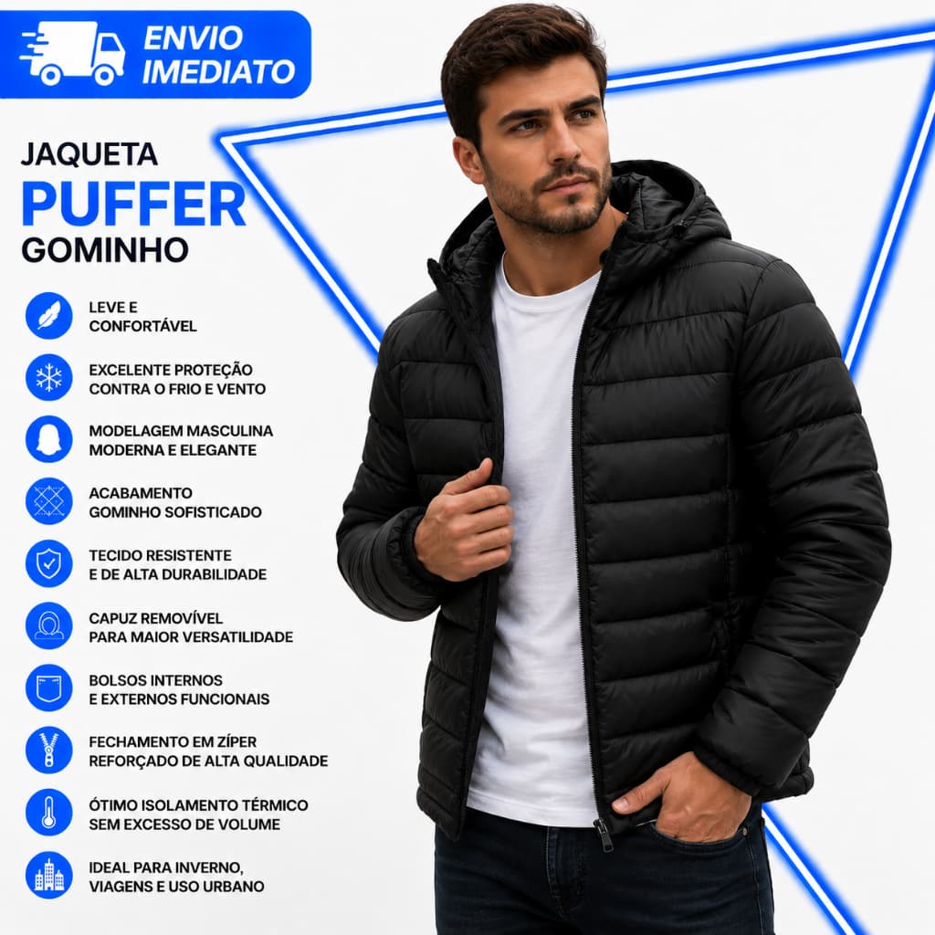 Jaqueta Bobojaco Impermeável Becker Nylon Puffer Masculino com Bolsos e Capuz
