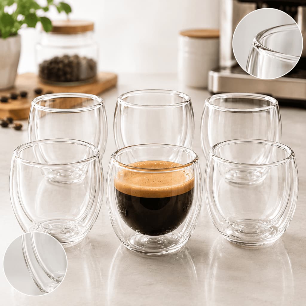 Kit 6 Copos Vidro Parede Dupla 90ml Café Isolamento Térmico Shot Dose Chá Expresso