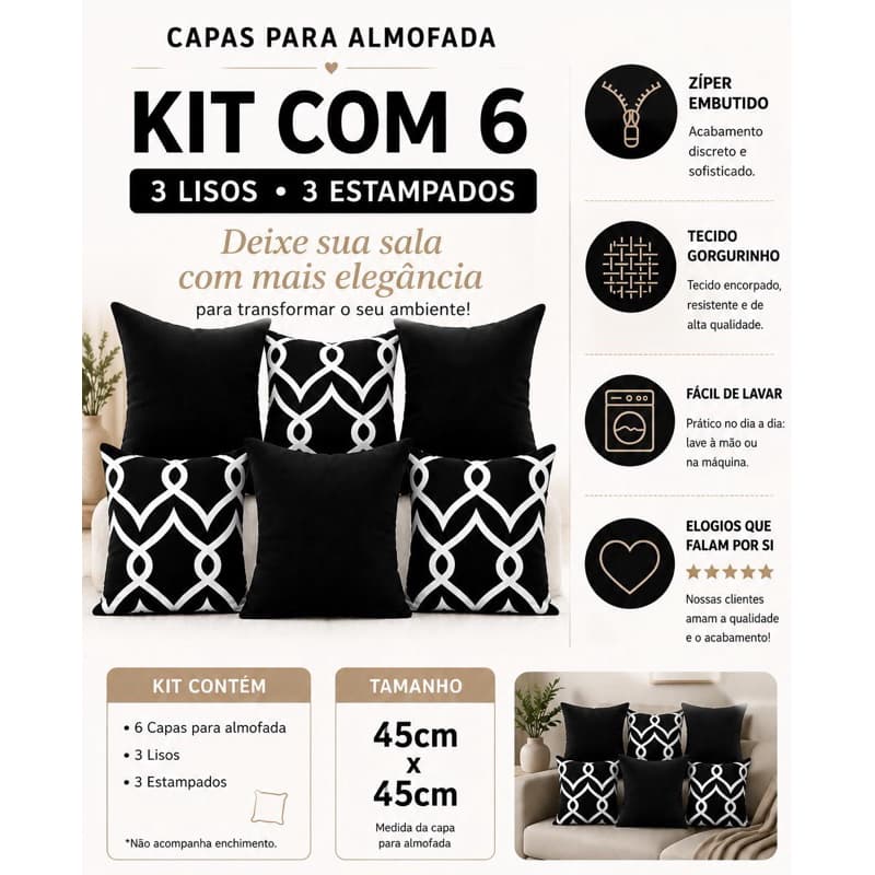 Kit com 6 capas p\ Almofadas Decorativas com Zíper