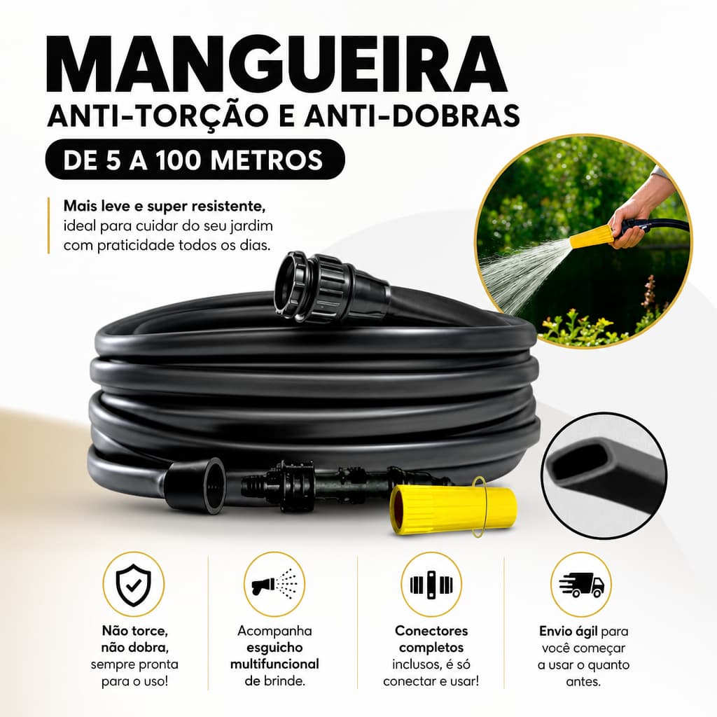 Mangueira de Jardim Anti-Torção e Anti-Dobras de 5 a 100 Metros PRETA