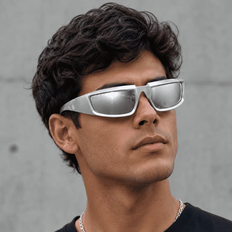 Óculos de Sol Futurista Prata Espelhado Unissex Masculino Feminino Y2K Cyber Punk Lente UV400 Tendência