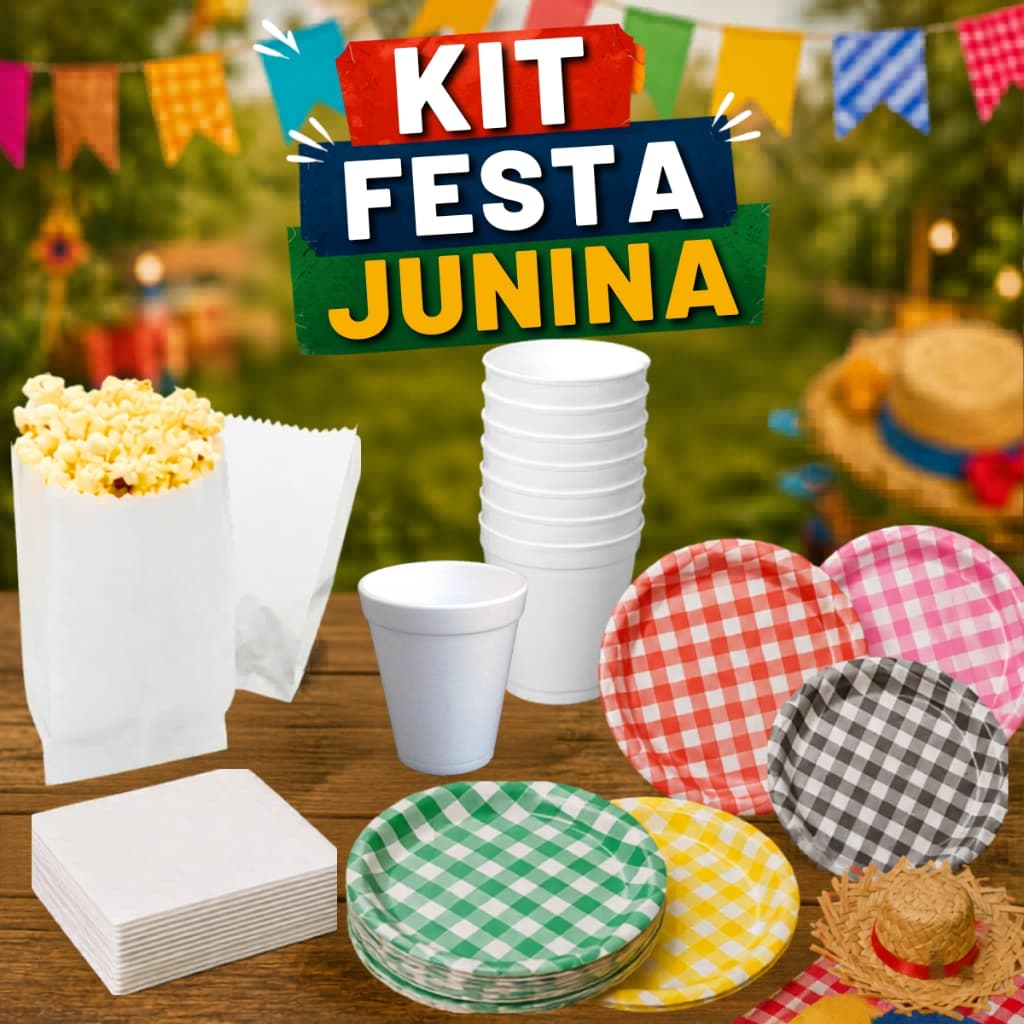 Kit Descartáveis Festa Junina Copo 180ml Isopor Prato Xadrez 15cm Saquinho de Pipoca Guardanapo