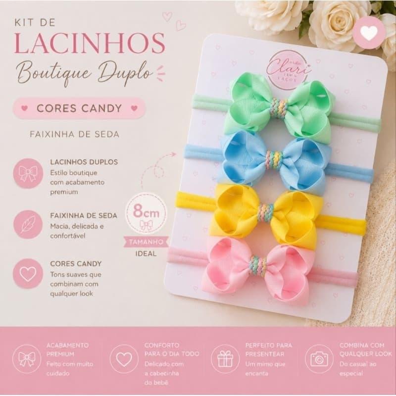 Kit 4 Laços Boutique Duplo Infantil | Laço para Bebê e Menina | Acessório de Cabelo Delicado