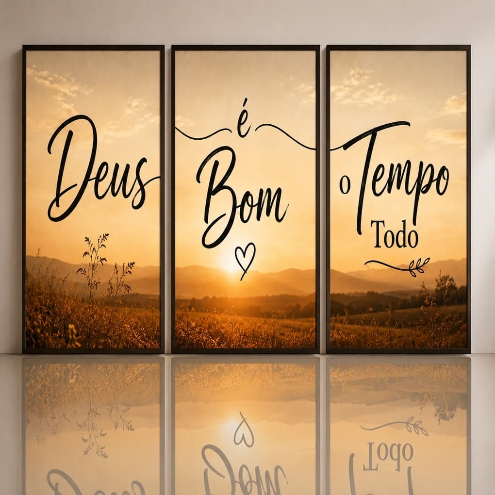 Quadro Decorativo 3 peças Deus é Bom o Tempo Todo Quarto Sala