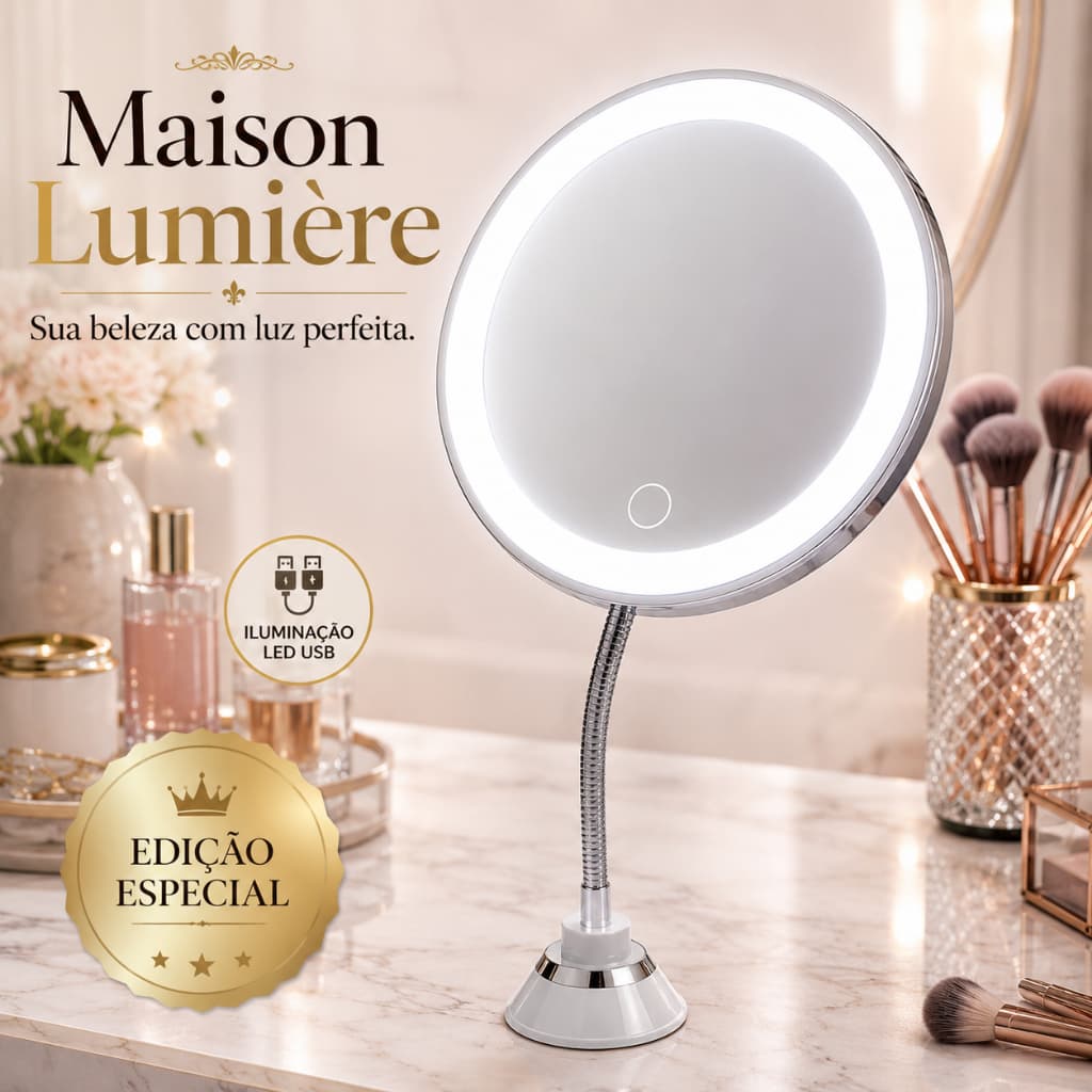 Espelho de Mesa LED USB para Maquiagem Luz Branca Ajustável Maison Lumière