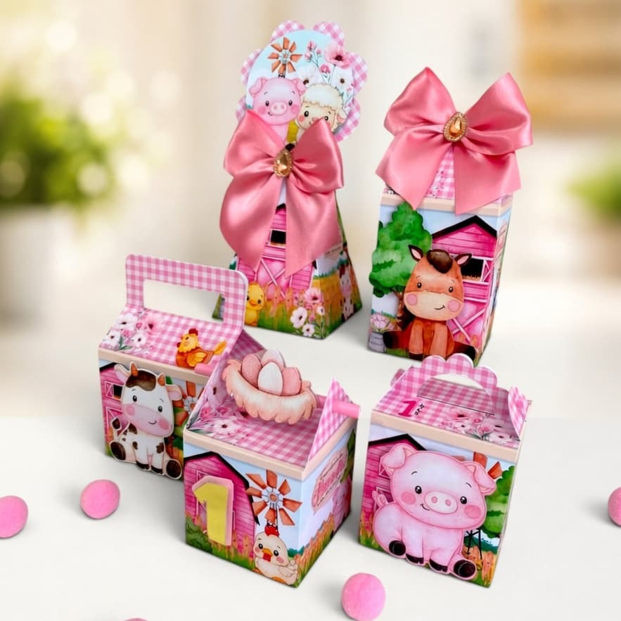 Kit Caixinhas Semi Luxo Fazendinha Rosa Lembrancinha Festa Aniversário Personalizados