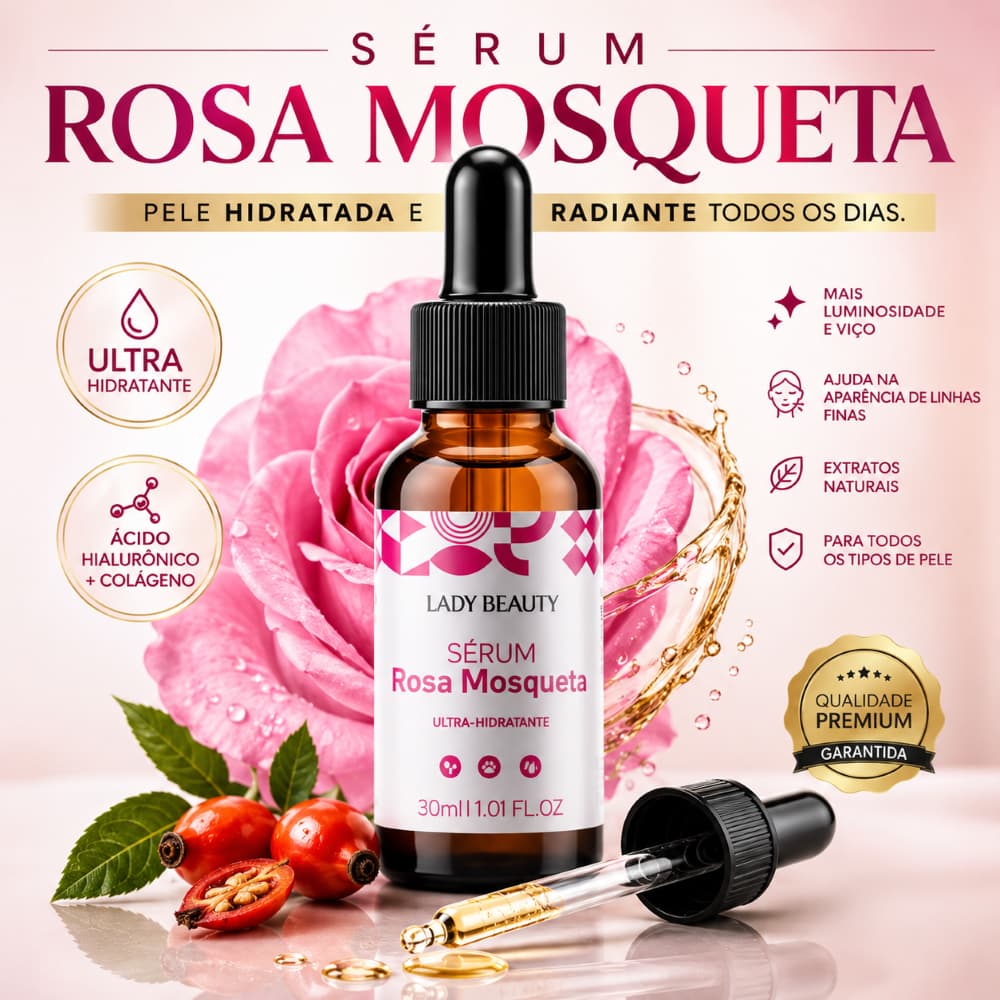 Sérum Rosa Mosqueta Facial 30ml Ácido Hialurônico Lady Beauty