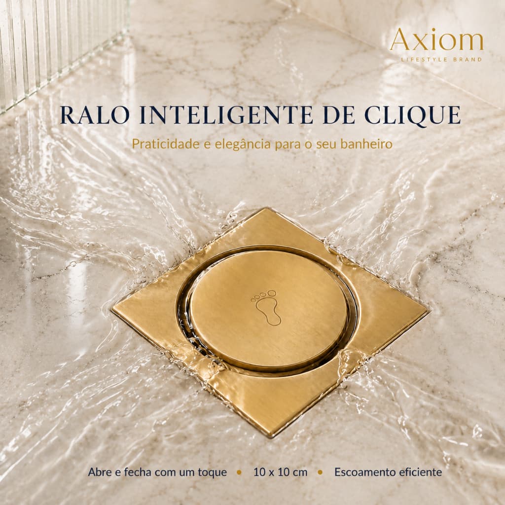 Ralo Click 10x10cm Quadrado Dourado Axiom Inteligente Banheiro Lavabo Veda Cheiro
