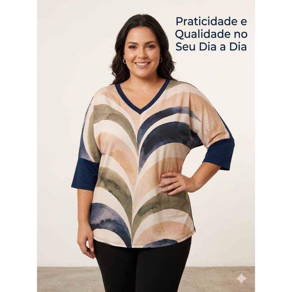 Blusa Feminina Estampada Plus Size Oversized Viscolycra Premium Confortável Casual Manga 3/4 Básica