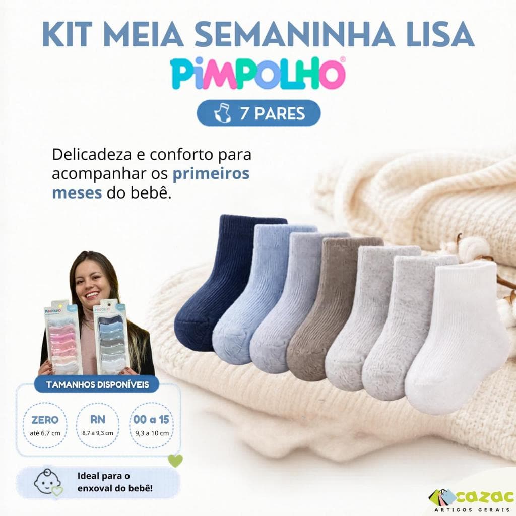 Kit Meia Bebê Semaninha Pimpolho 7 Pares RN Prematuro 0 a 15 Enxoval Menino Menina Unissex Infantil