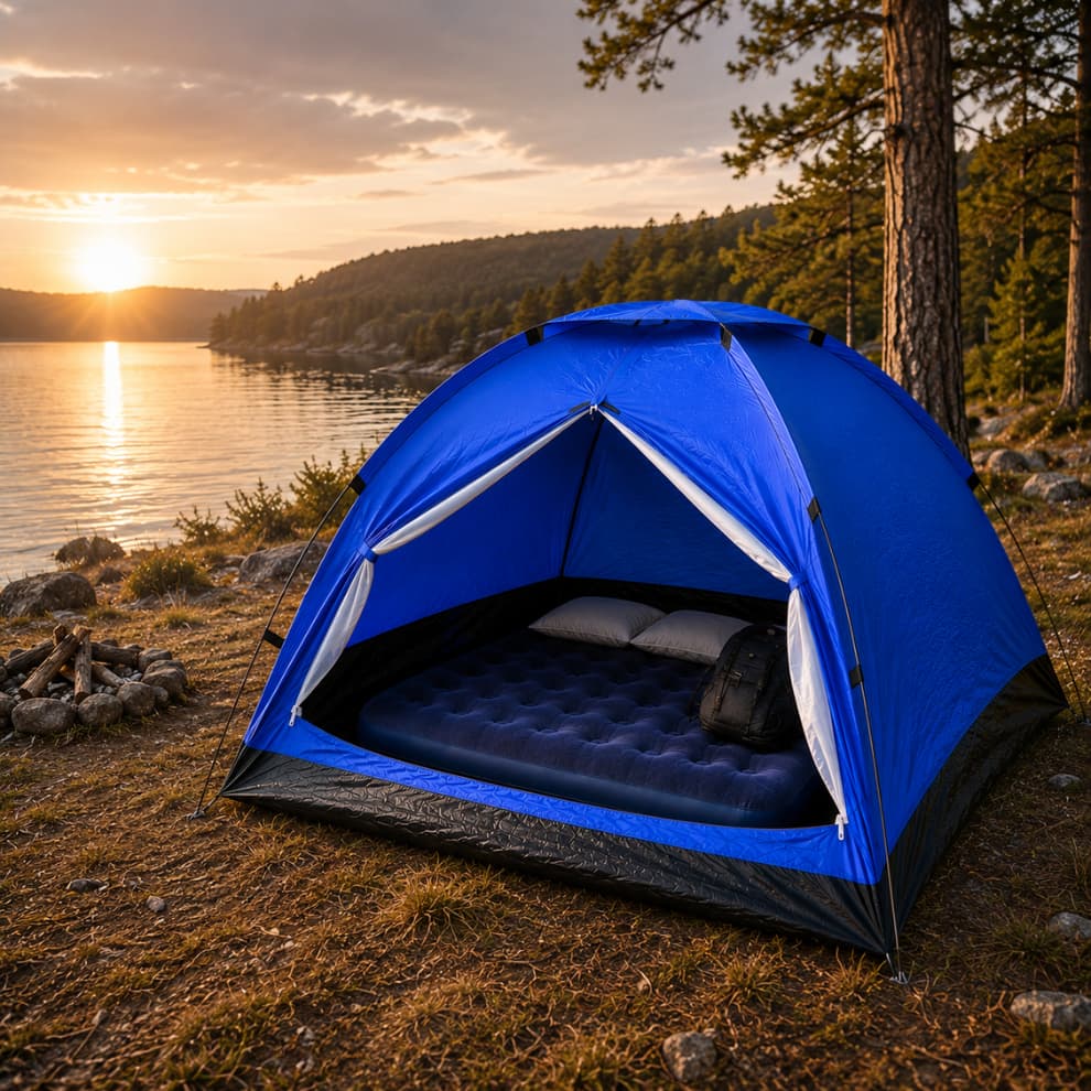 Kit Camping Inverno Barraca 4 Lugares Resistente ao Frio Ômega + Colchão Inflável Casal Térmico Impermeável